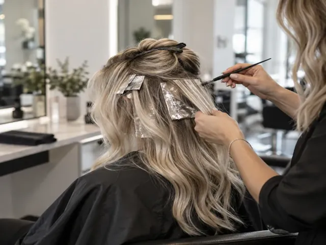 Hairdresser placing highlighting foils in a client’s hair