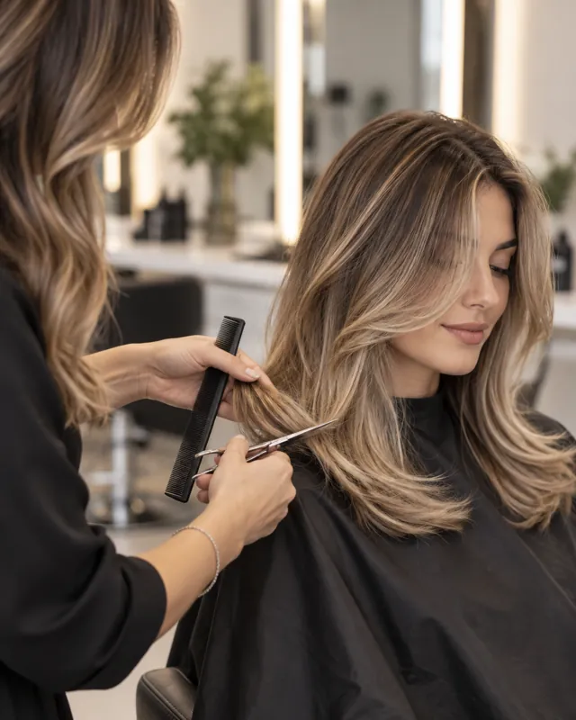 A woman with a softly layered, styled haircut