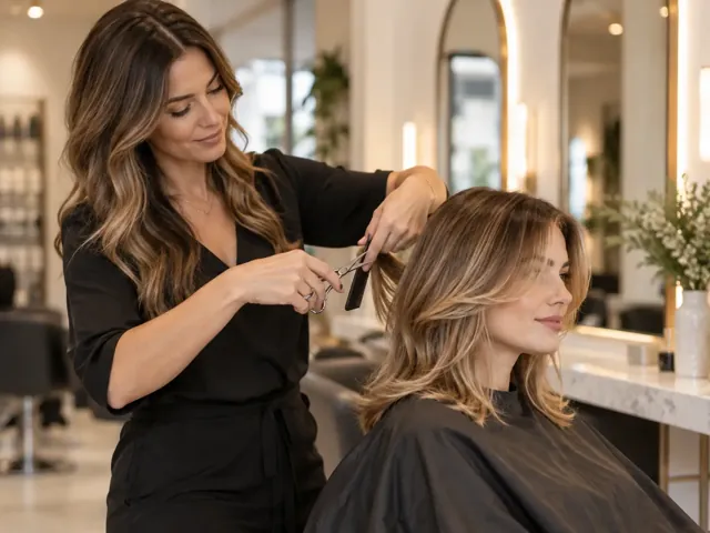 Hairdresser shaping a client’s softly waved hair